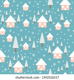 Winter seamless background. Houses, trees and snowflakes