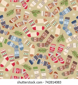 Fondo invernal sin fisuras de calcetines calientes de punto con ornamentos, ilustración vectorial al estilo navideño.
