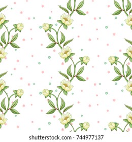Winter seamless background with lines of hellebore flowers and snowflakes