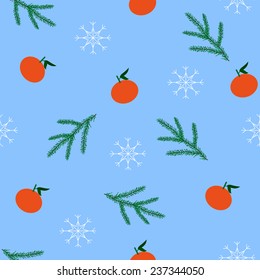 Winter seamless background with mandarins, coniferous branches and snowflakes