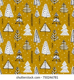 Winter seamless background with pine trees in the forest on gold background