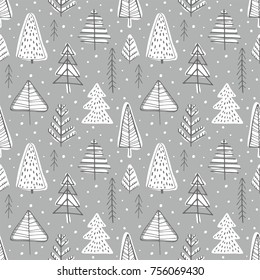Winter seamless background with pine trees in the forest on grey backdrop