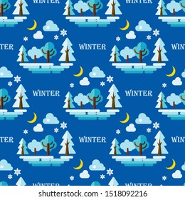 Winter. Seamless background. Season. Trees, grass, clouds in a simple style. Can be used for wallpaper, textile, invitation card, wrapping, web page. background.