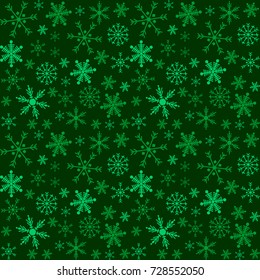 Winter seamless background with snowflakes on green background. Christmas and New Year vector design. Can be used for wallpaper, wrapping paper, textile, cards, pattern fills.