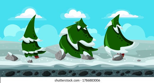 winter seamless background with trees and stones. Vector landscape for games, children, printing, websites