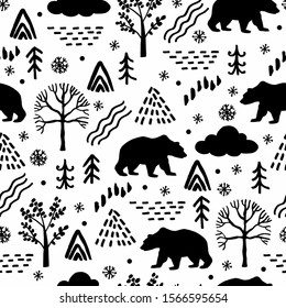 Winter seamless with bears and forest trees. Vector illustration. Manual graphics. Seamless pattern for decorating various surfaces.