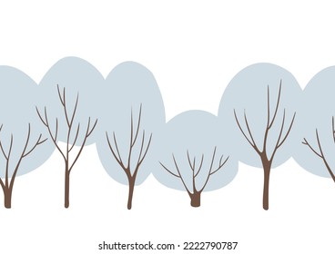 Winter seamless border, Christmas illustration, Pattern with snowy trees, Winter forest landscape clipart, Decorated houses vector in flat style.