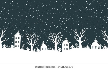 Winter Seamless Border. Christmas Village. White House Silhouettes, Trees, Winter Plants, Berries. Snowfall. Vector Illustration on Dark Blue Background