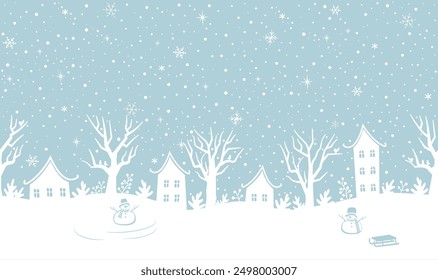 Winter Seamless Border. Christmas Village. White Houses Silhouettes, Trees, Winter Plants, Berries, Snowmen, Birds, Sled. Snowfall. Snowflakes. Vector Illustration on Light Blue Background
