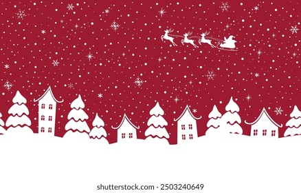 Winter Seamless Border. Christmas Village. White Houses Silhouettes, Fir Trees. Snowfall. Snowflakes. Santa Claus Rides in Sleigh with Reindeer Across the Sky. Vector Illustration on Red Background