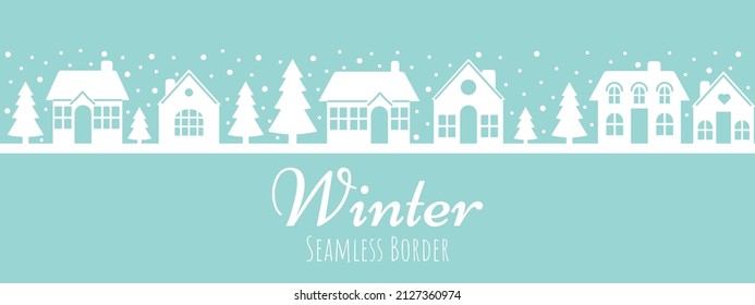 Winter seamless border. City, houses, Christmas trees, snow. New Year symbols.Trendy retro style. Vector design template. Christmas and Happy New Year