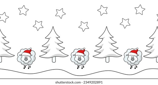 Winter seamless border with fir trees, sheep in red santa hat and stars. Cartoon vector illustration for Christmas decoration.