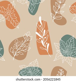Winter seamless botanical pattern with Christmas plants and berries, mistletoe, poinsettia, holly. Modern doodle fabric repeat pattern, New year wrapping paper. Contemporary style vector illustration.