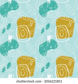 Winter seamless botanical pattern, Christmas plants, berries, illex, holly. Abstract grunge textured pattern, New year wrapping paper. Modern vector illustration. Blue background with abstract shapes