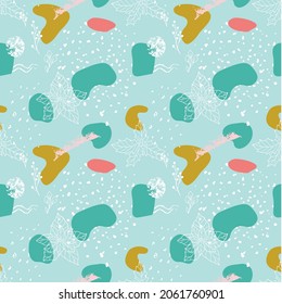 Winter seamless botanical pattern, Christmas plants and berries, mistletoe, poinsettia, holly. Abstract grunge textured pattern, New year wrapping paper. Modern vector illustration. Blue background