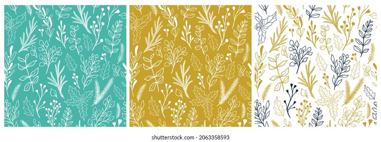 Winter seamless botanical pattern set, Xmas plants and berries, mistletoe, poinsettia,eucalyptus, holly. Vintage doodle fabric pattern, New year wrapping paper. Rustic style vector illustration.