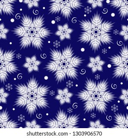 Winter seamless christmas dark blue pattern with white snowflakes and spirals, vector eps 10