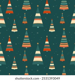 Inverno Padrão de Natal sem emenda no estilo dos anos 60 com árvore de Natal e neve. Fundo repetitivo festivo desenhado à mão com decoração de Ano Novo. Ornamento minimalista Xmas para papel de embrulho, têxtil, cartão