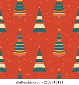 Winter Seamless Christmas pattern in 60s style with Christmas tree and snow. Hand drawn red festive repeating background with New Year decor. Minimalist Xmas ornament for wrapping paper, textile, card