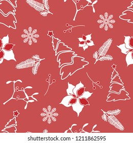 Winter seamless Christmas pattern with berries, spruce branches, poinsettia and mistletoe. Vector illustration.
 
