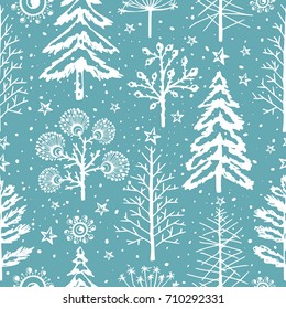 Winter seamless Christmas pattern for design packaging paper, postcard, textiles. The pattern with the image of fir-trees, trees, bushes covered with snow