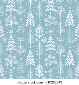 Winter seamless Christmas pattern for design packaging paper, postcard, textiles. The pattern with the image of fir-trees, trees, bushes covered with snow