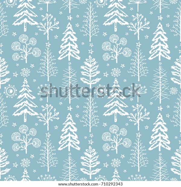 デザイン用の包装紙 はがき 織物用の冬のシームレスなクリスマスパターン もみの木や木や雪の茂みの模様 のベクター画像素材 ロイヤリティフリー