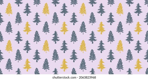 Winter Seamless Christmas Pattern with Fir and pine tree. Fir tree pattern. Engraved illustration. Christmas Decoration. Vector illustration for fabric, wallpaper, wrapping paper, craft, texture.