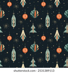 Winter Seamless Christmas pattern with glass tree toys in Art Deco style. Hand drawn festive repeating background with New Year decor. Modern Xmas ornament for design, wrapping paper, textile, card