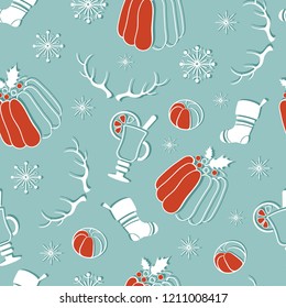 Winter seamless Christmas pattern  with Christmas pudding, mulled wine, tangerines and snowflakes. Papercut effect. Vector illustration.