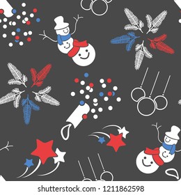 Winter seamless Christmas pattern with spruce branches, snowmen, confetti, fireworks and toys. Vector illustration.