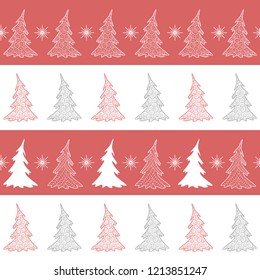 Winter seamless Christmas pattern with christmas trees and snowflakes on a white and pink background. Vector illustration.