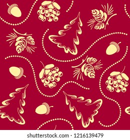 Winter seamless Christmas pattern with christmas trees, cones, rowan branches and beads on a red background. Vector illustration.