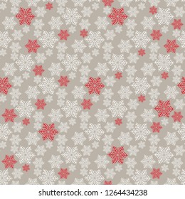 Winter seamless christmas pattern with white and red snowflakes  on a gray background, vector eps 8