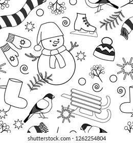 Winter seamless coloring for children and adults with mittens, boots, hat, scarf, snowman, snowman, sledge, skates - contours on white background