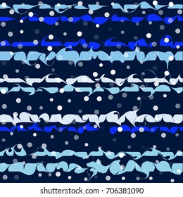winter seamless fashion pattern with stripes and dots. snow fall and wavy blue lines. marbled ink curly strokes, curved stripes seamless vector illustration. christmas holiday pattern