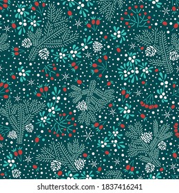 Winter seamless floral pattern. Christmas forest backdrop with fir tree branches, red berries and spruce cones. EPS 10 vector background.