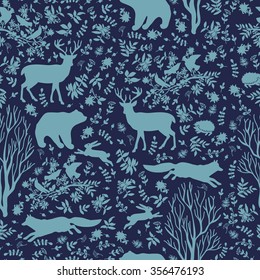 Winter seamless with forest animals. Hand drawing. Seamless pattern for fabric, paper and other printing and web projects.