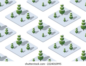 Winter Seamless forest plan pattern map background. Isometric green botanical structure landscape of trees park