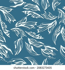 Winter seamless frosty pattern of contour white feathers on a blue background. Vector illustration