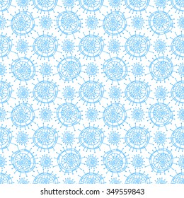 Winter seamless geometric pattern. Light blue snowflakes on a white background in the style of hand drawn doodles. For the design and decoration background, wallpaper, packaging, fabrics, textiles.