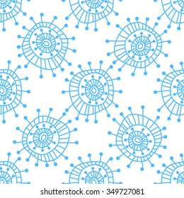 Winter seamless geometric pattern. Light blue snowflakes on a white background in the style of hand drawn doodles. For the design and decoration background, wallpaper, packaging, fabrics, textiles.