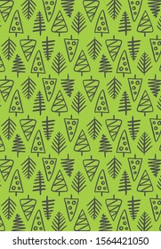 Winter seamless hand drawn doodle pattern of New year tree. Flat vector holiday illustration. Christmas postcard