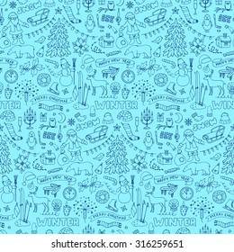 Winter seamless hand drawn doodle pattern. Vector illustration for backgrounds, web design, design elements, textile prints, covers, greeting card