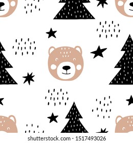 Winter seamless hand drawn pattern with cute bear, Christmas trees and stars. Scandinavian design style. Vector illustration