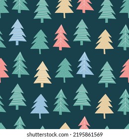Winter seamless hand drawn pattern with Christmas trees. Scandinavian design style. Vector illustration