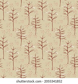 Winter seamless hand-drawn pattern with snow-covered trees on a beige background with pink and blue snowflakes. Landscape for design of wrapping paper, postcards, wallpapers, covers, textiles