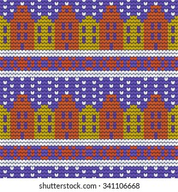 winter seamless knitted pattern with houses