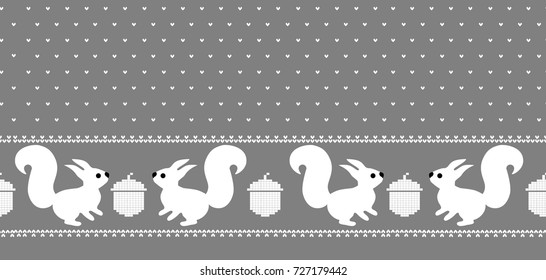 Winter  Seamless Knitted Pattern with a squirrels and oak nut. Knitting Sweater Design. Wool Knitted Texture