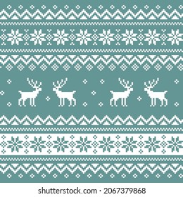 Winter seamless knitting monochrome pattern with Christmas deers and snowflakes. Vector illustration